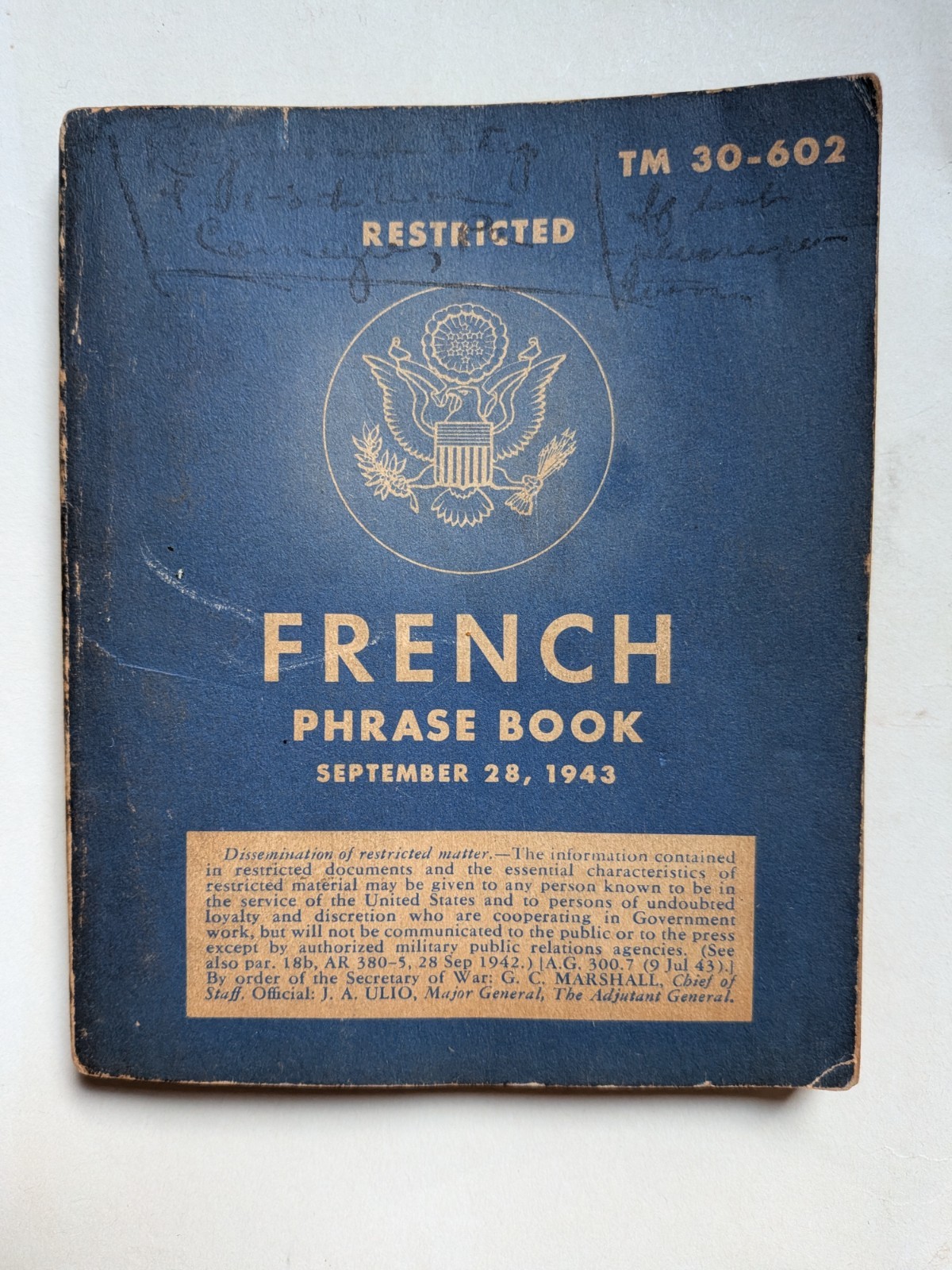 WWII WW2 Restricted French Phrase book Washington September 28 1943 TM 30-602