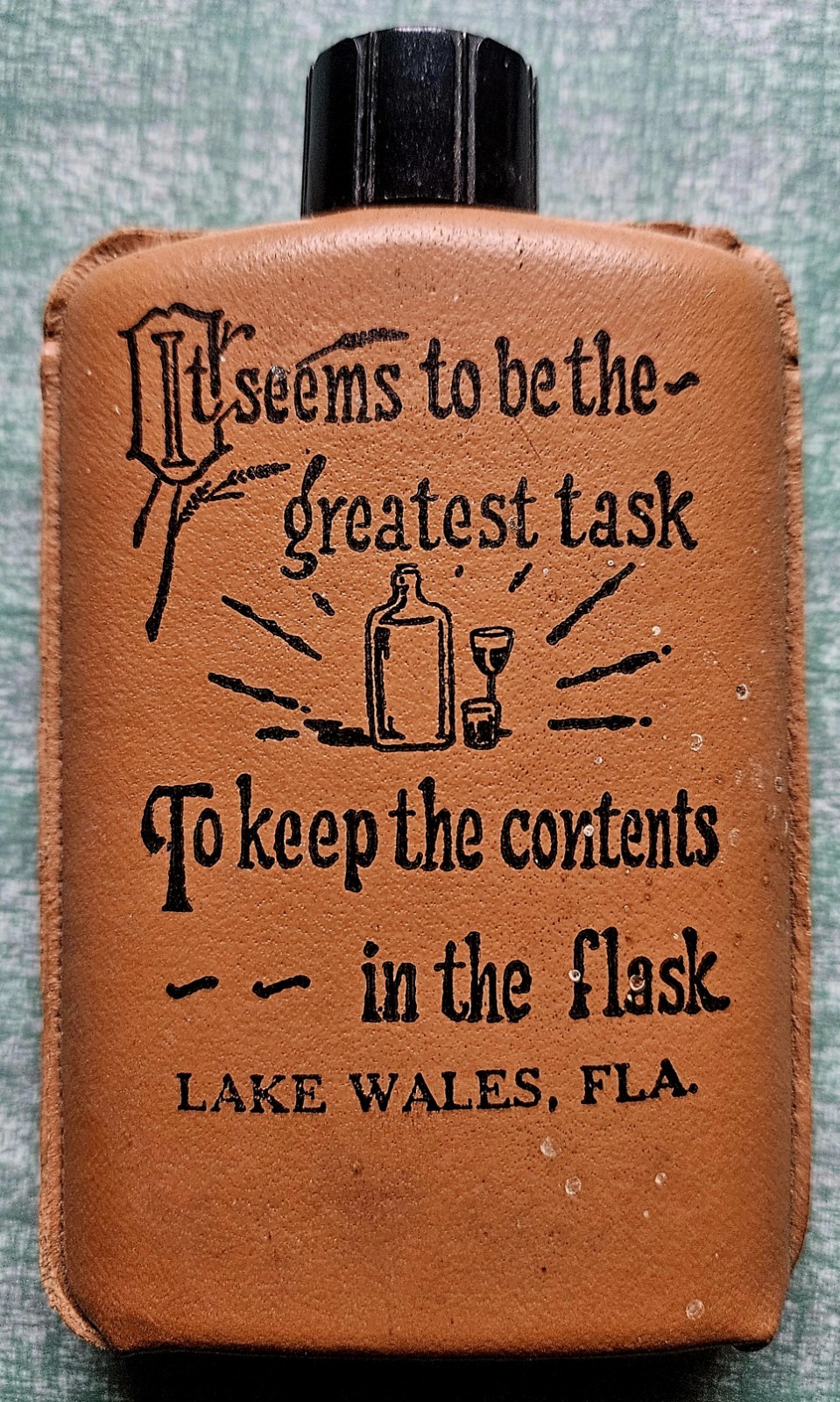 Vintage Lake Wales, FL Souvenir Glass Flask Encased in Leather w/ Bakelite Lid
