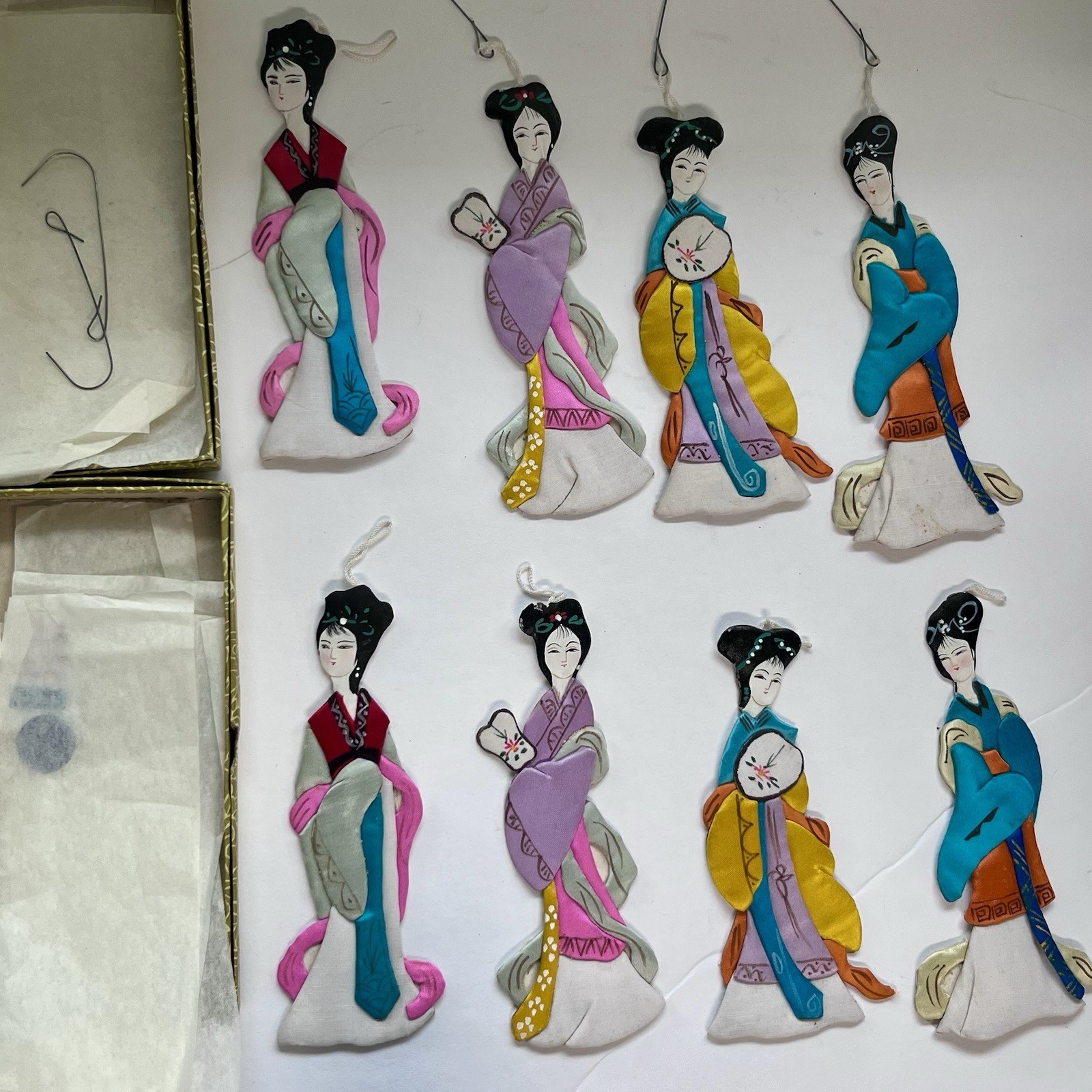 Lot/ 8 Vintage Handcrafted Chinese Silk Paper Dolls (Made into Ornaments) RARE Lot/ 8 Vintage Handcrafted Chinese Silk Paper Dolls (Made into Ornaments) RARE