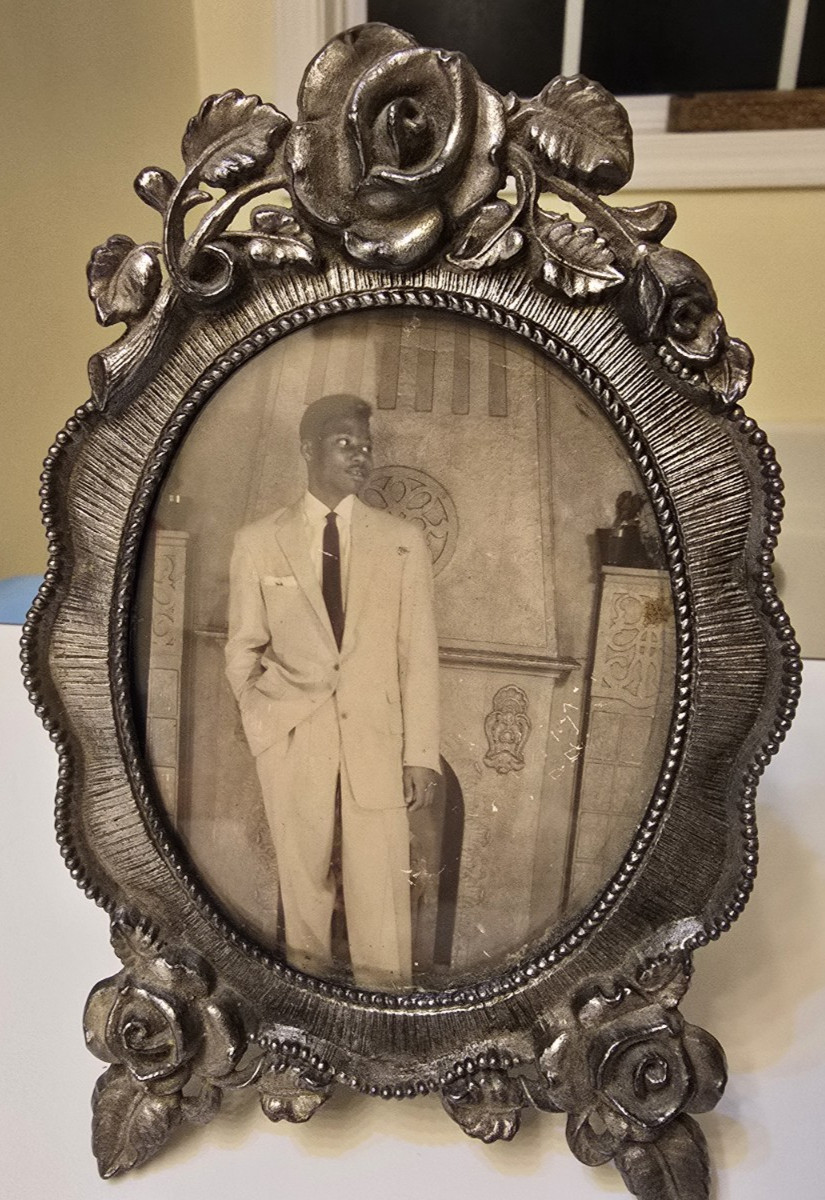 Beautiful Metal Frame w/ Roses of Young African American Male Maybe 1950s? Great Beautiful Metal Frame w/ Roses of Young African American Male Maybe 1950s? Great