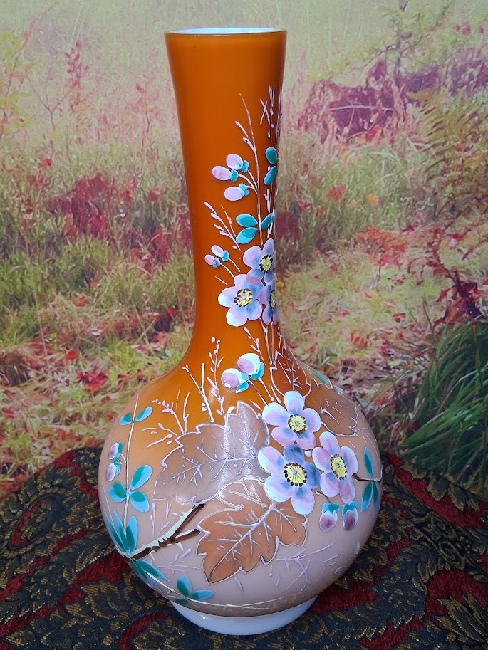 Antique late 19th-Century Bohemian Harrach Glass Vase Masterful Hand-Enameled