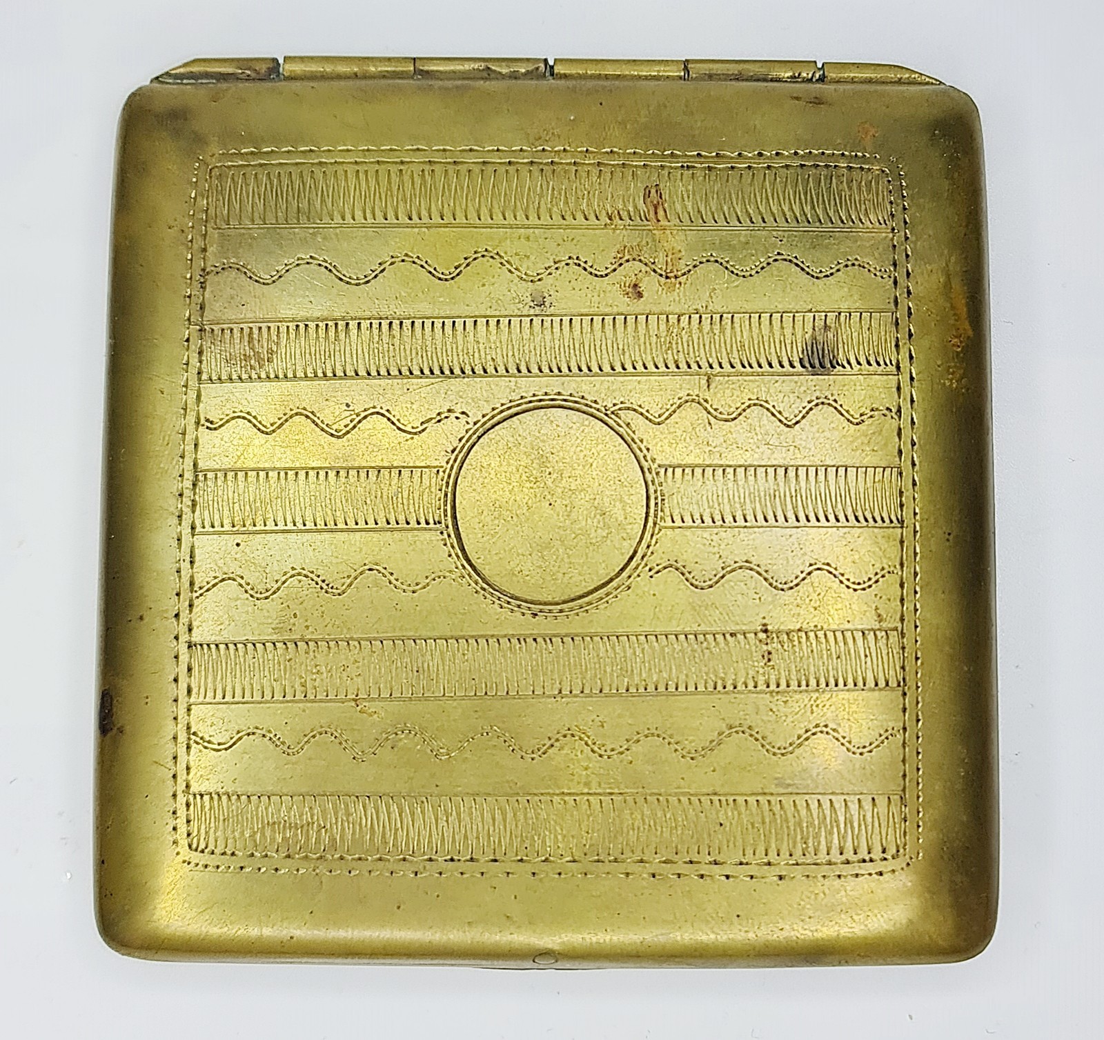 VINTAGE BRASS CIGARETTE CASE HOLDER POCKET BOX ART DECO ENGRAVED CARTOUCHE METAL