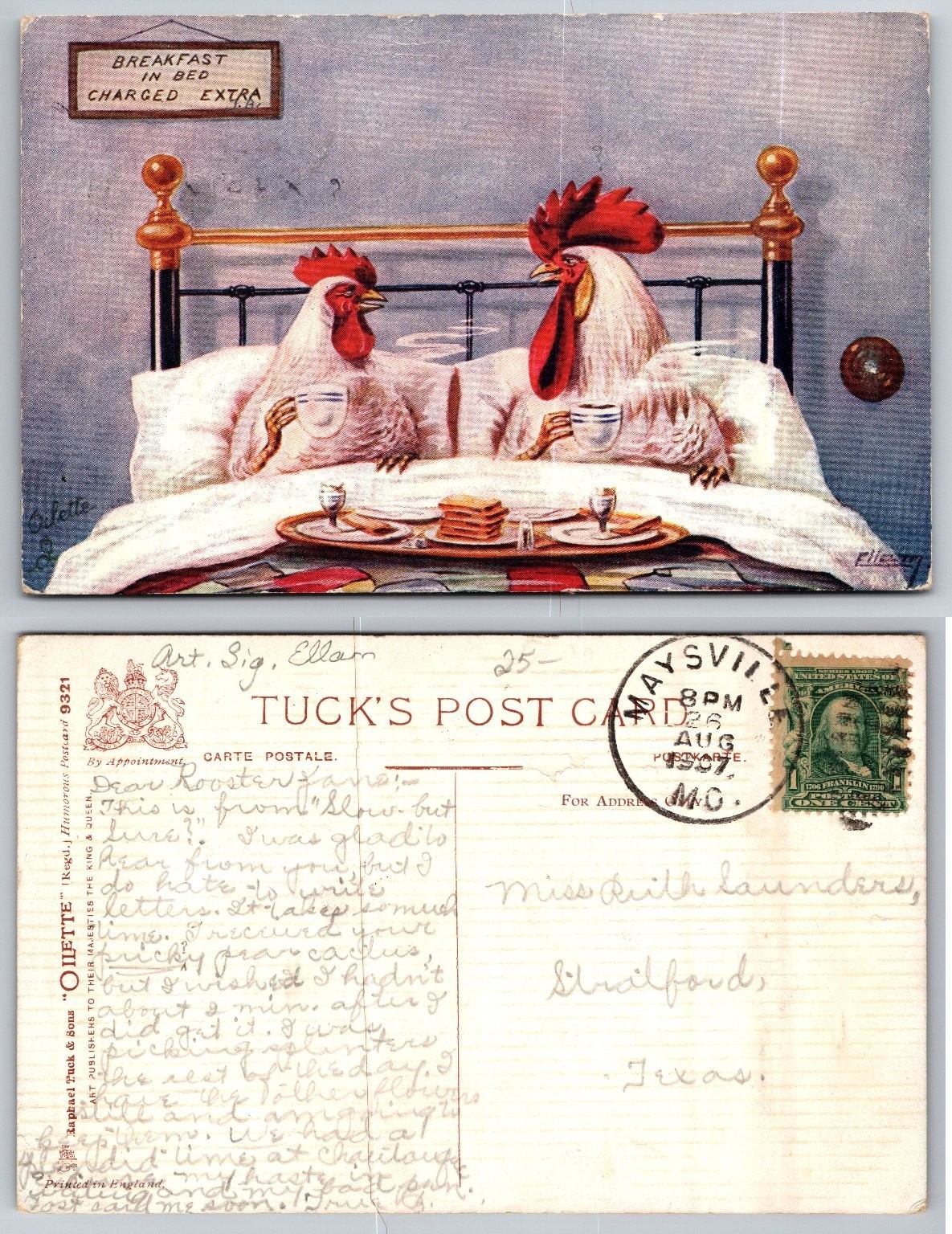 Vintage Tuck\'s Oilette Humorous Postcard Chickens Breakfast in Bed 1907