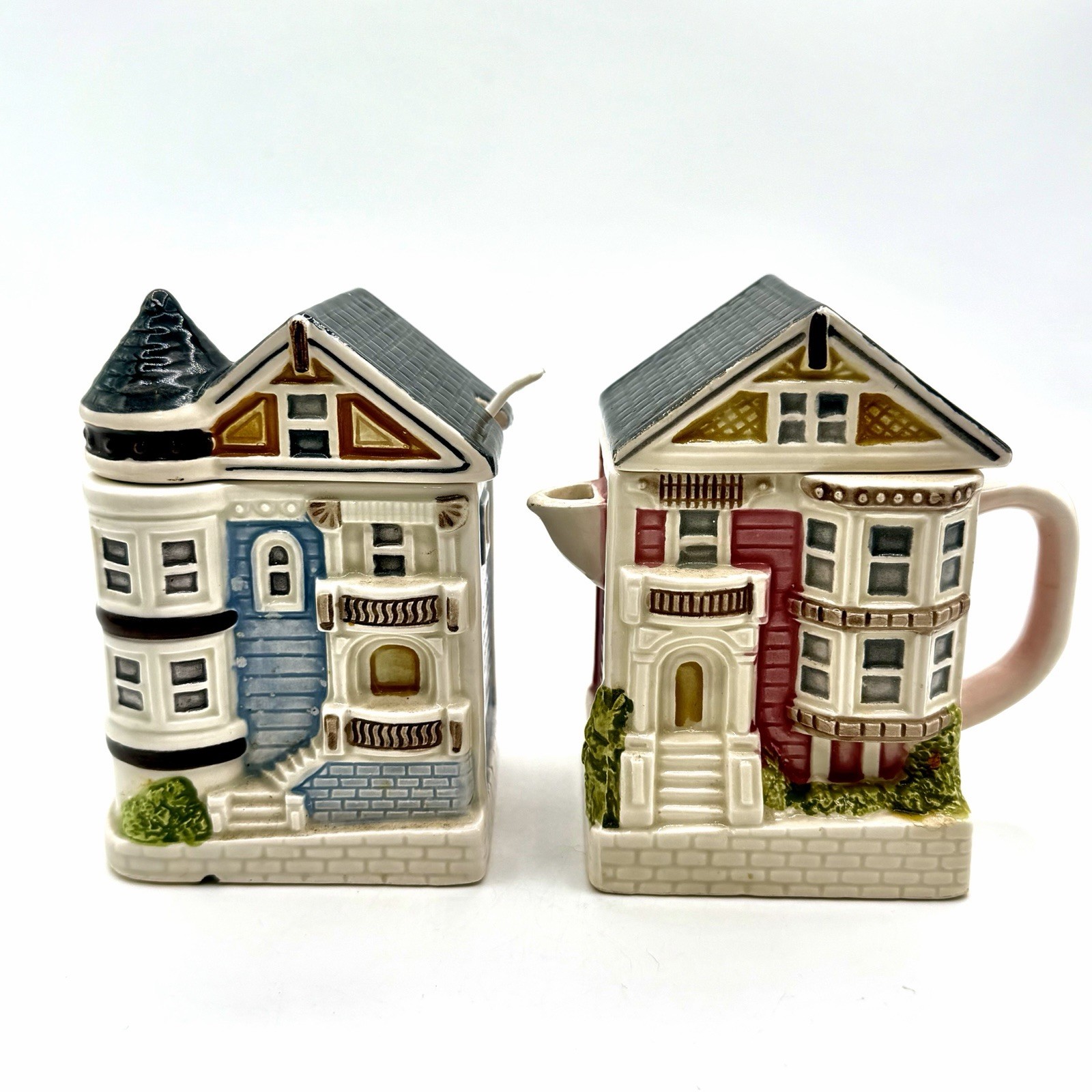 Vintage Otagiri Japan Victorian House Creamer Sugar Hand-Painted Ceramic Set