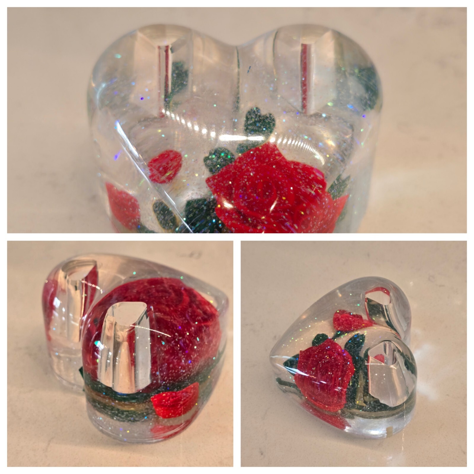 Vtg Lucite Easter Seals Heart Glitter Roses Pen Holder Desk Paperweight