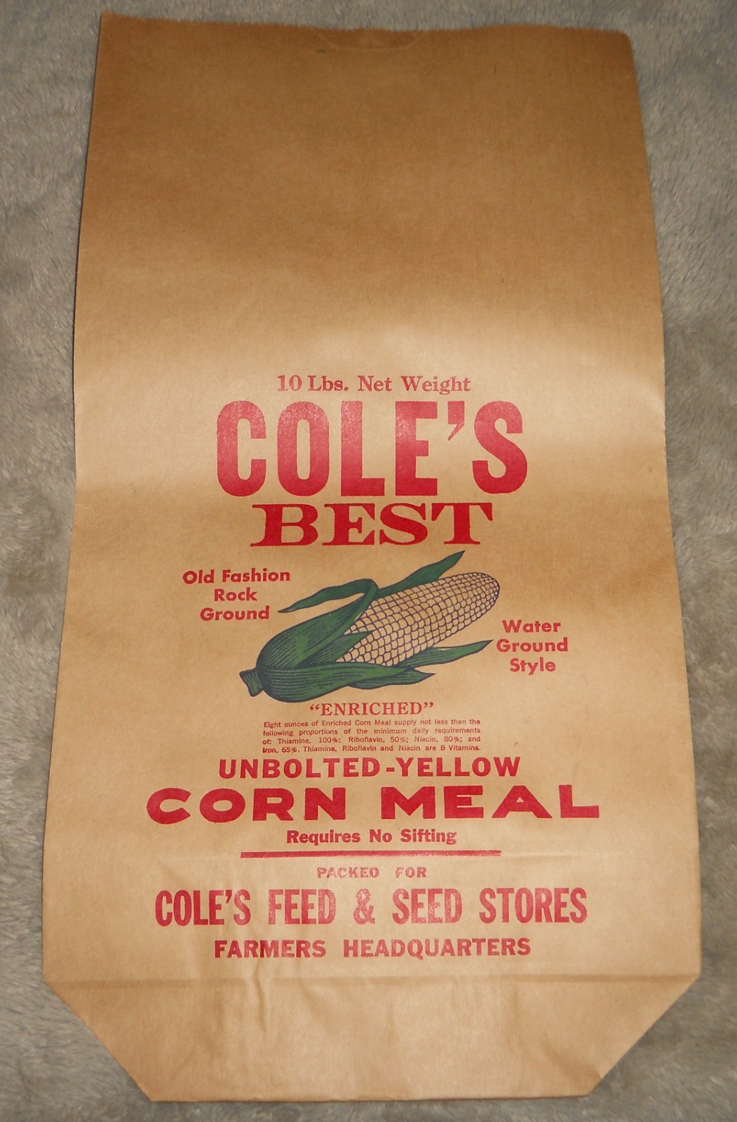 Vintage Cole\'s Best Corn Meal 10 lb Paper Bag Feed Seed Store NOS Advertising