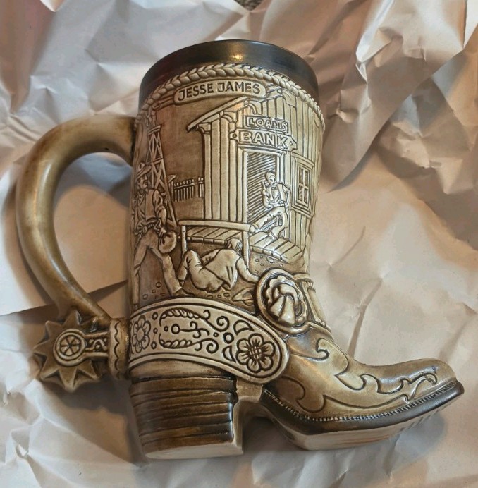 1981 American Heritage Commemorative Stein Boot Jesse James Butch Cassidy Brazil