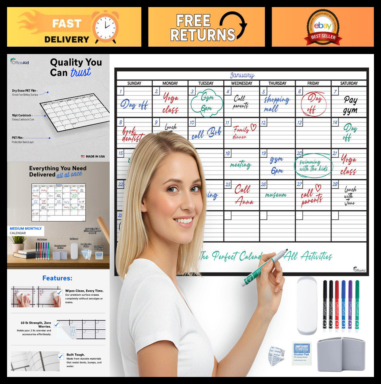 Large 24x36 Dry Erase Wall Calendar - Giant Reusable Monthly Planner, Whiteboard