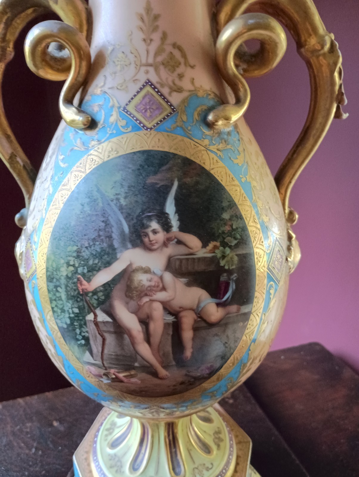 Vintage Late 19thC Sevres Style Gilt Bronze Urn Vase Lamp, 27 Vintage Late 19thC Sevres Style Gilt Bronze Urn Vase Lamp, 27