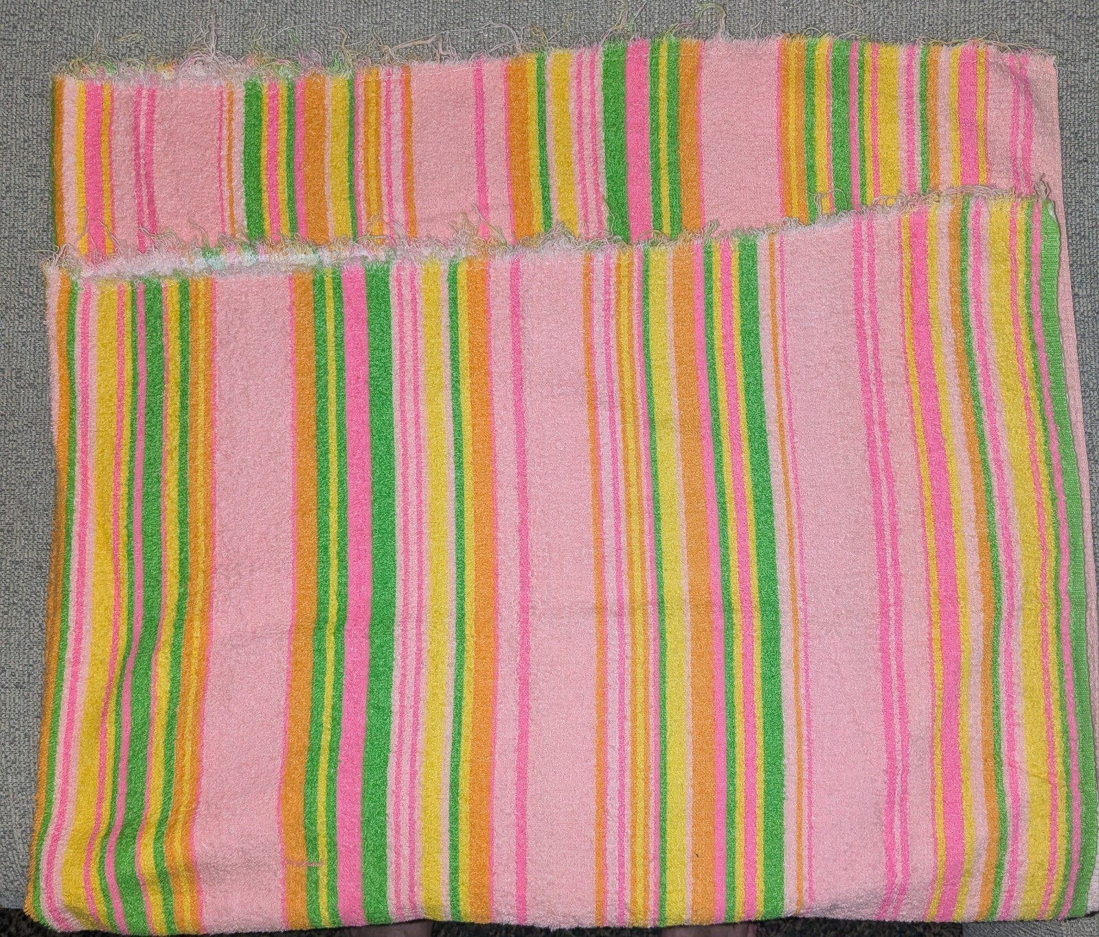 Vintage Retro 1960s 70\'s Pink Yellow Green Stripe Terry Cloth Fabric Toweling 