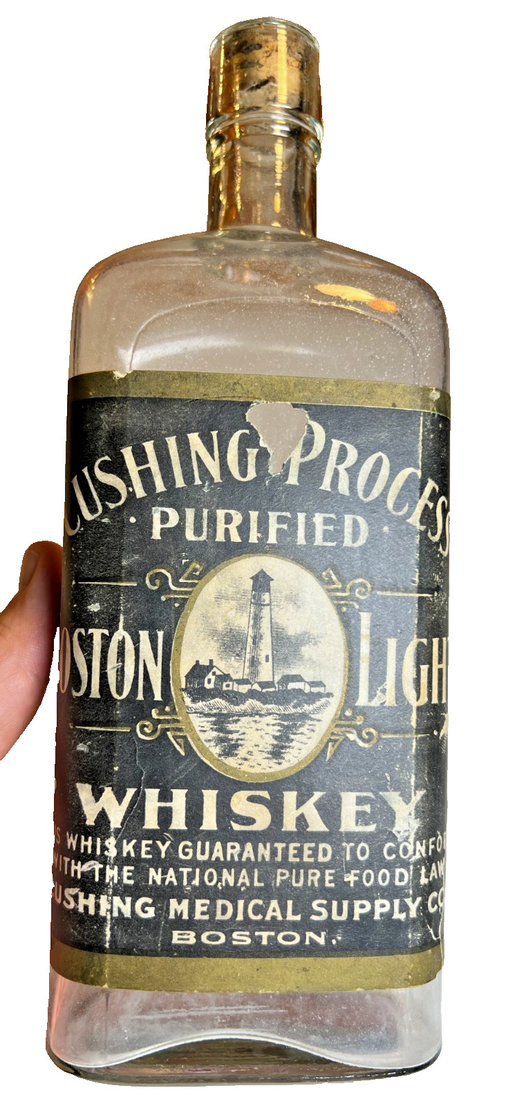 Antique 1906 Boston Light Whiskey Bottle LABEL Cushing Pre Prohibition BOSTON MA