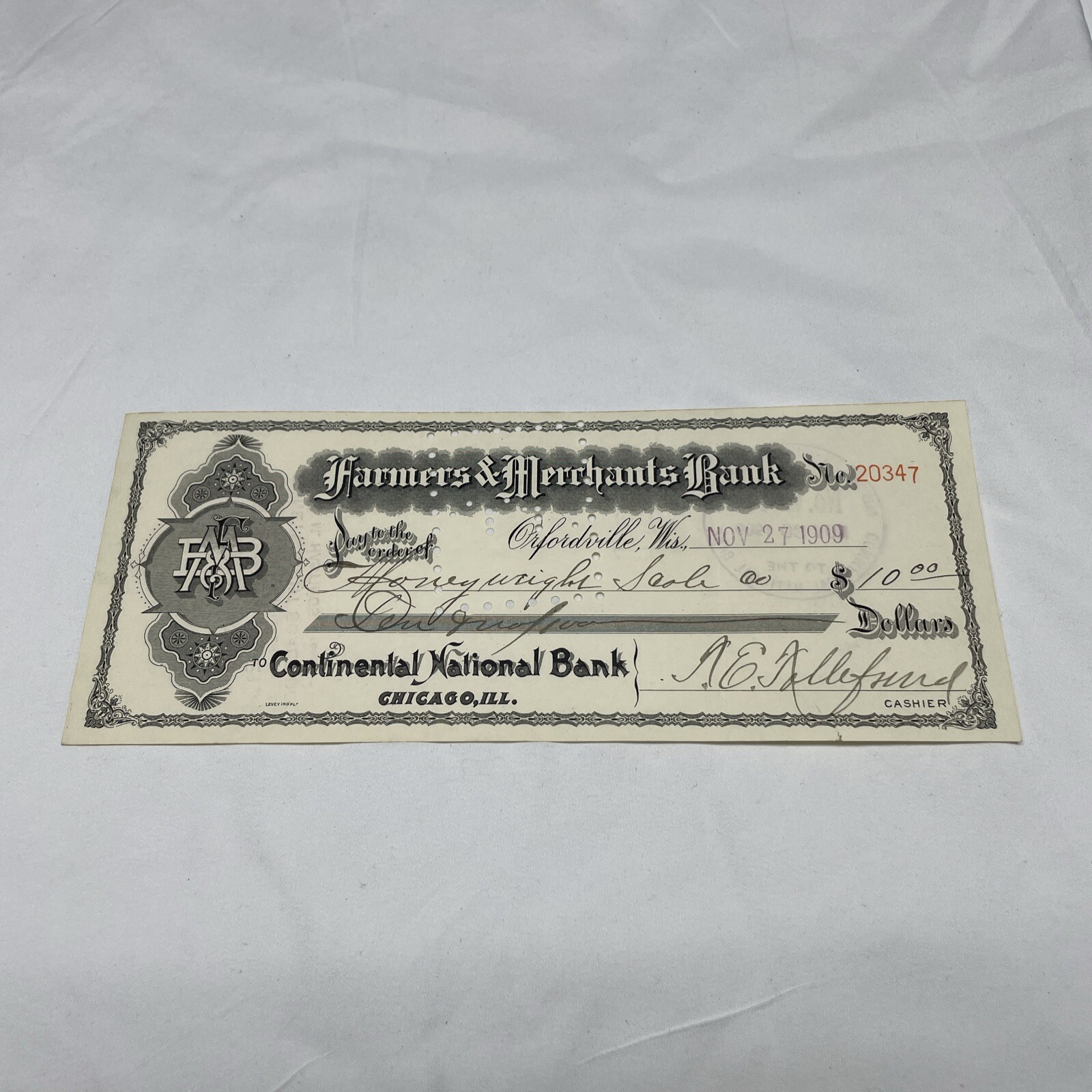 1909 Farmer\'s & Merchant\'s Bank Check #20347 Continental National Bank  KG JD