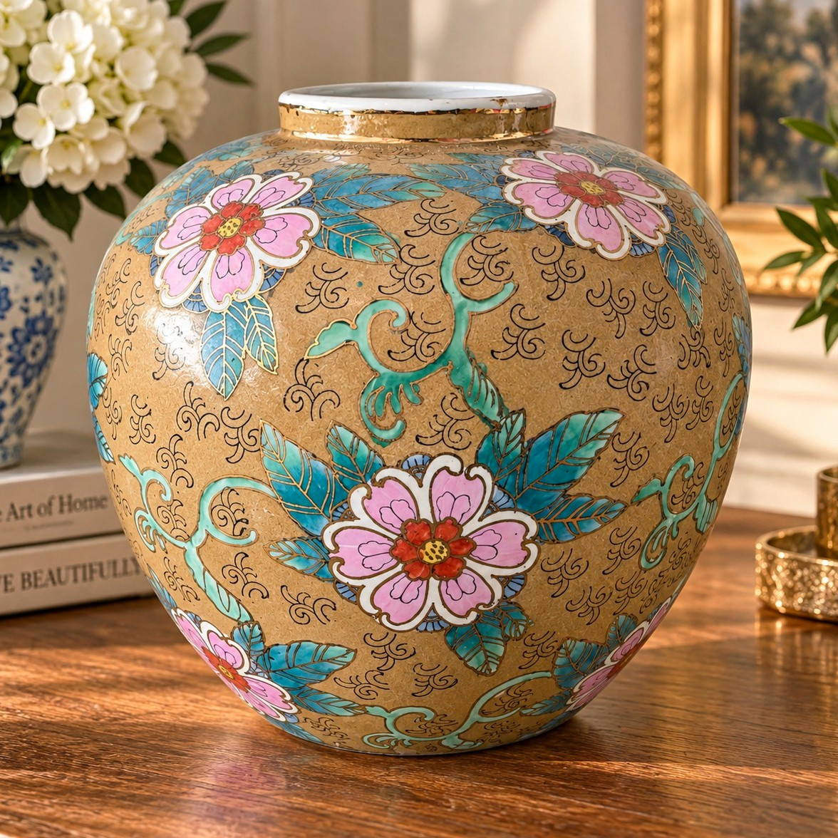Hand Painted Floral Round Ceramic Vase, Gold Blue Pink Green White Red