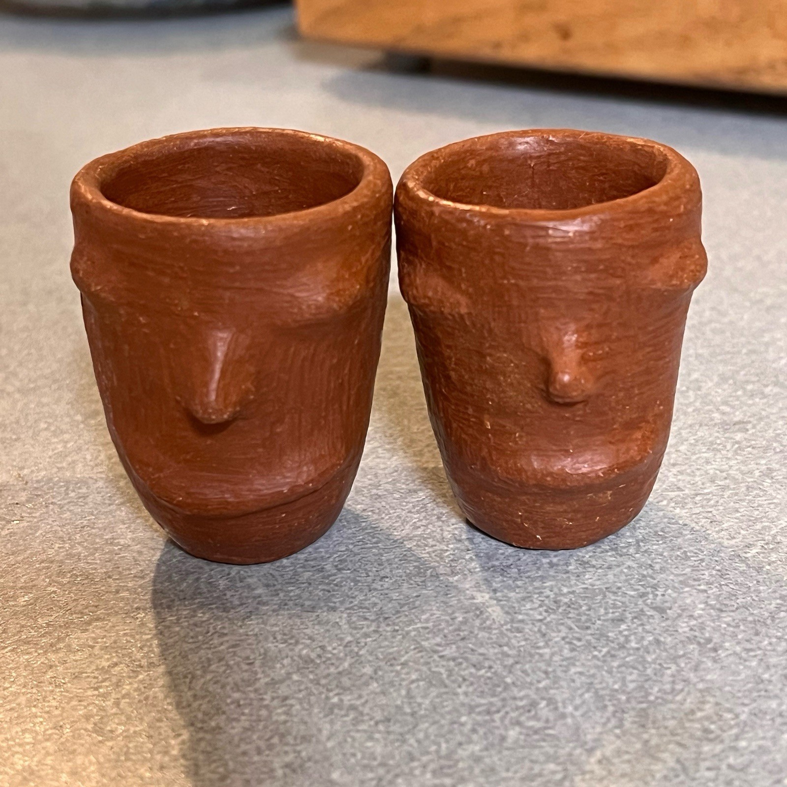  2 Vintage Barro Rojo Red Clay Mezcal Face Cups Shot Glasses Oaxaca Mexico Art