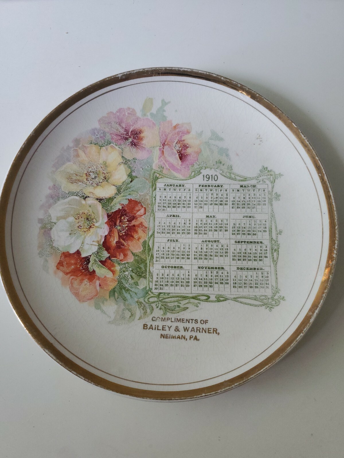 1910 Advertising Calendar Plate Bailey and Warner Dresden Flowers 8.5\