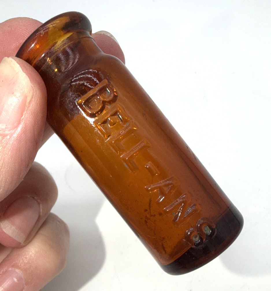 Antique Honey Amber Bell-Ans Cylindrical Bottle Early 1900s Small Size Medicine