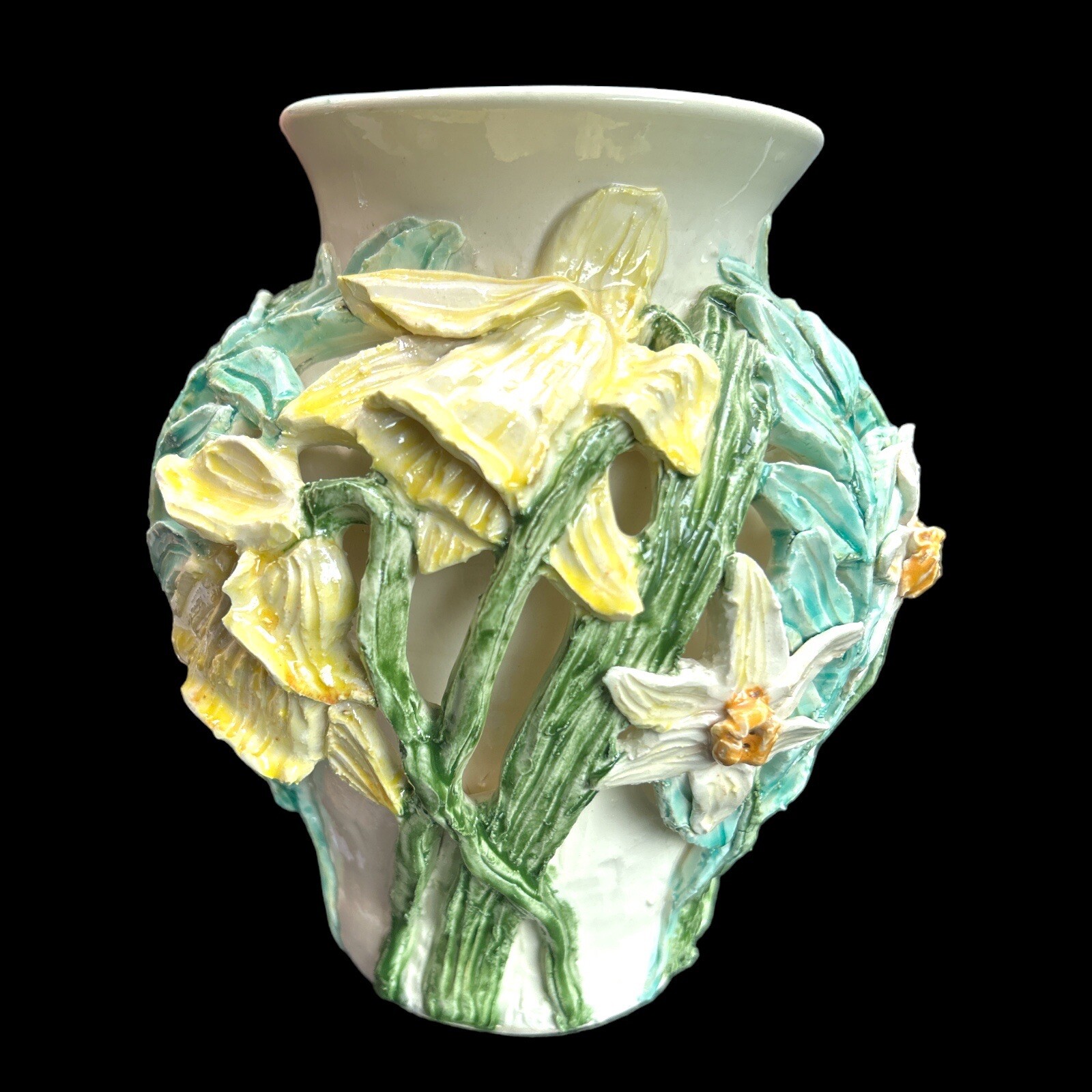 RARE Amazing Handmade Majolica Signed Vase With Daffodils & Narcissi