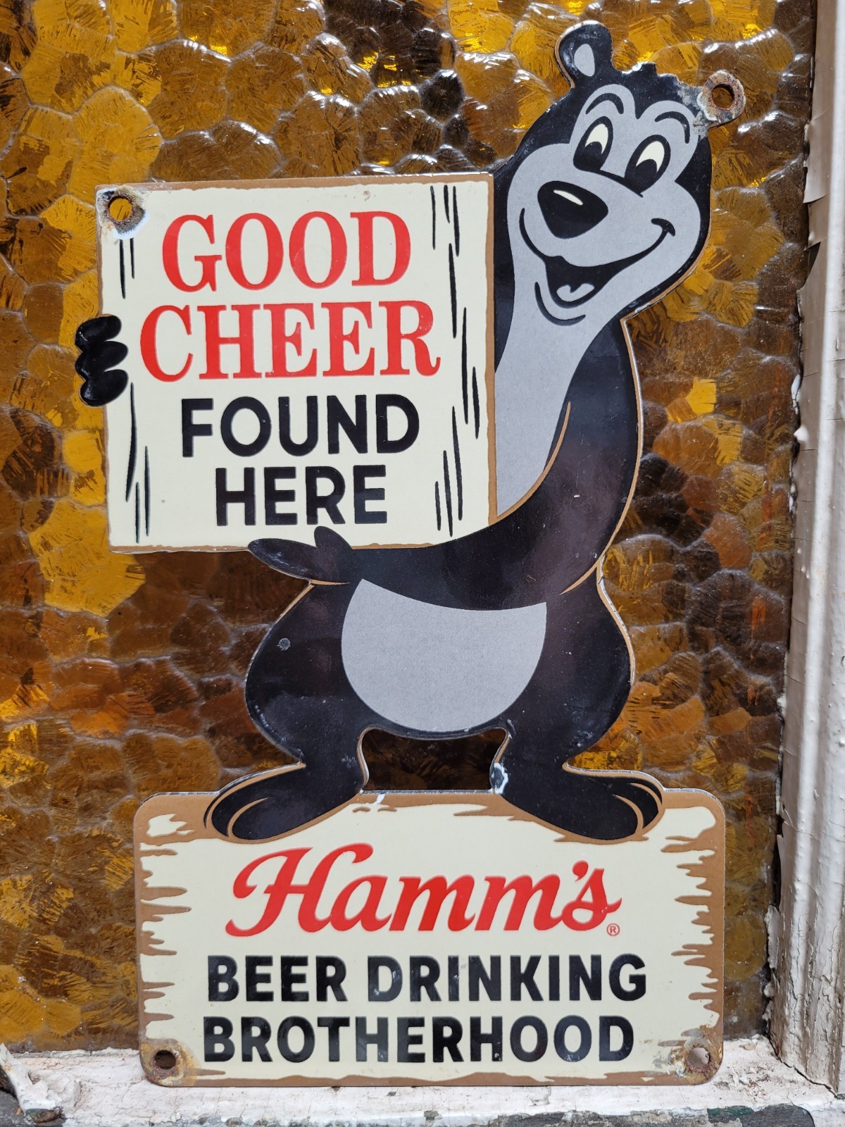 VINTAGE HAMMS PORCELAIN SIGN OLD BEER CAN BEAR ICE HOCKEY MINNESOTA INGRAM RICH