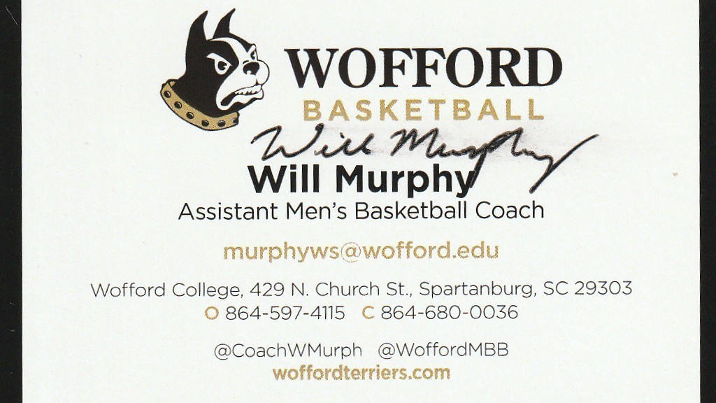 WOFFORD TERRIERS BSKB ASST COACH WILL MURPHY SIGNED BUSINESS CARD RARE
