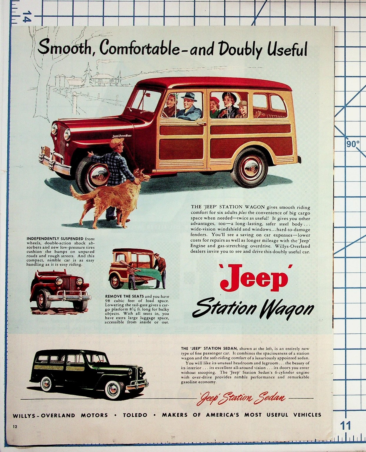 Vintage 1940s Willys-Overland Jeep Station Wagon Sedan Print Ad Toledo Ohio