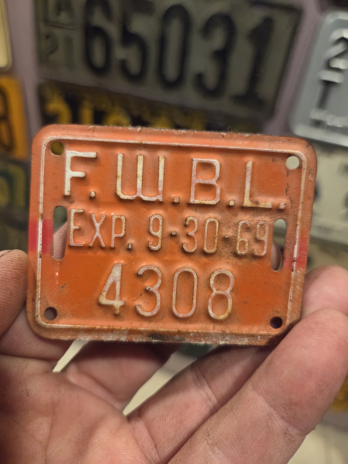Vintage Mini Metal License Plate Tag  F.W.B.L. EXP 9-30-65 4308 