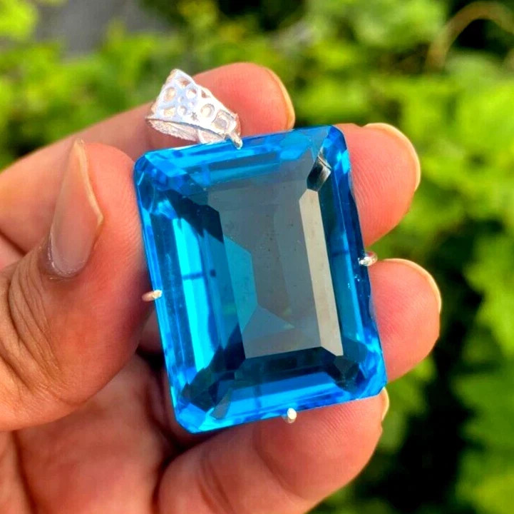 99.25 Ct Natural Blue Topaz Pendant Emerald Shape 925 Silver Chain IGL Gems 6YHM