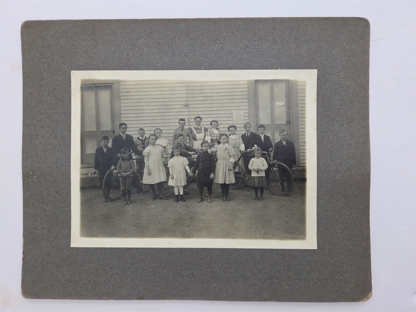c1910 antique DOW SCHOOLHOUSE dayton me BICYCLES id\'d CLASS PHOTO CHILDREN