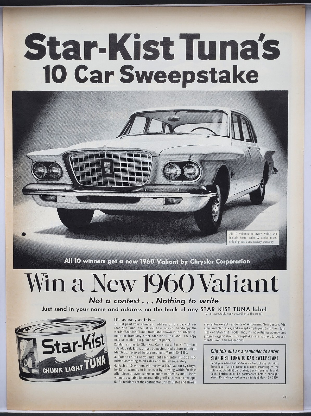 1960 Chrysler Valiant Star Kist Tuna Sweepstakes Original Print Ad 60s Life Mag
