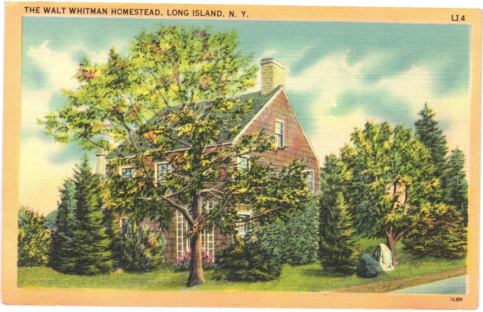 Walt Whitman Homestead Long Island NY Tomkin Linen Postcard 1942 Roosevelt MO