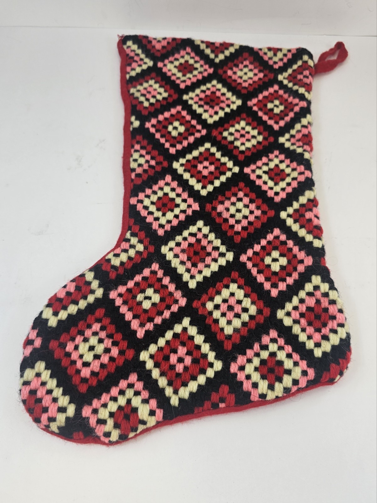 VINTAGE Handcrafted Needlepoint Christmas Stockings RED PINK BLACK