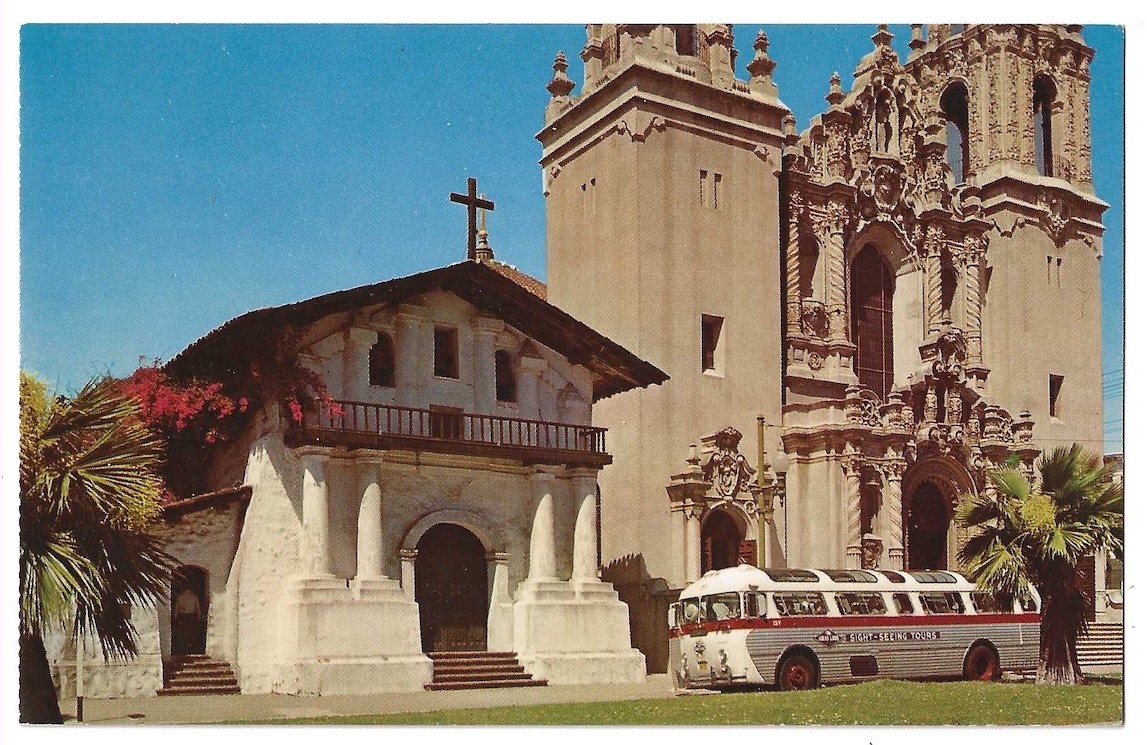 San Francisco California c1950\'s Mission Dolores Catholic Church, tourist bus