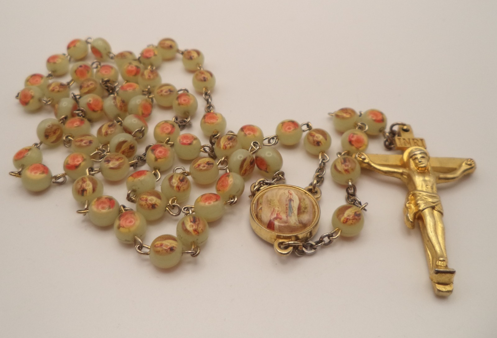 Vintage France Lourdes Water Relic Rosary Bernadette Pictorial Rose Beads 22\