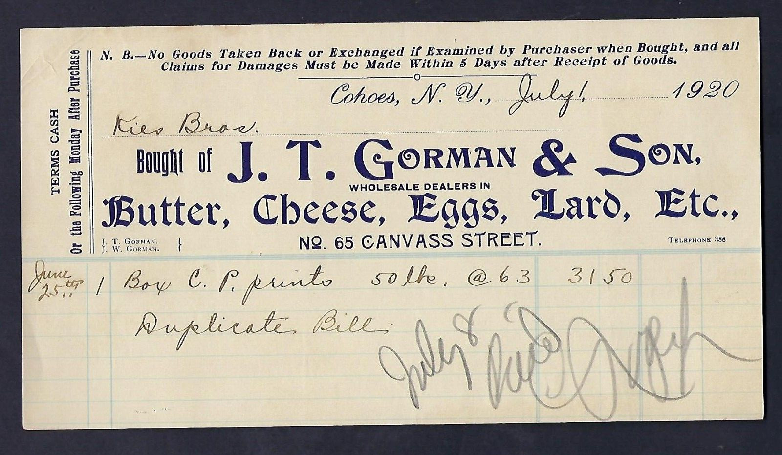 J.T. Gorman & Son, Butter, Cheese, Eggs, Lard, Receipt, Cohoes NY 1920, Ephemera