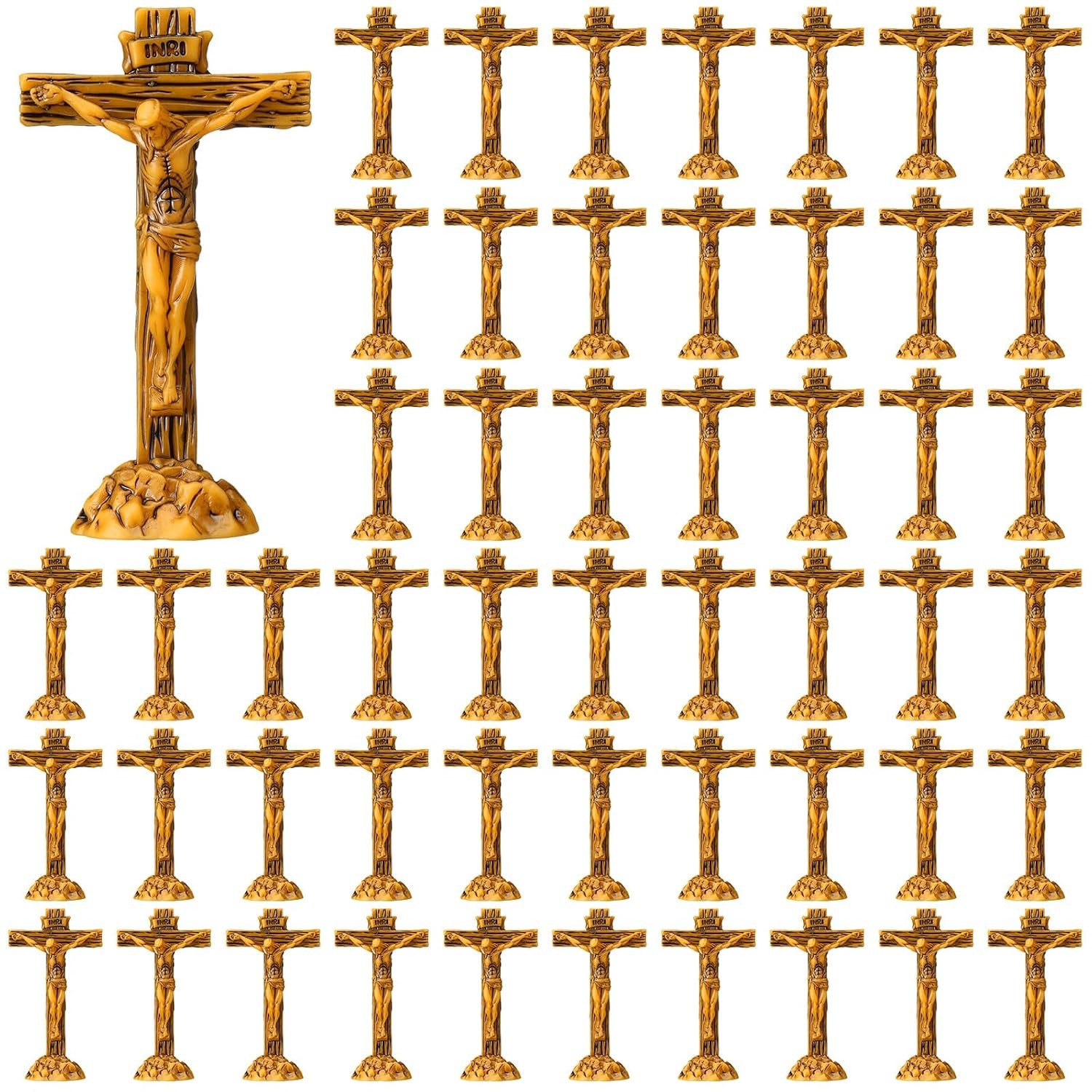 Qunclay 50 Pcs Mini Jesus Crucifix Stand Cross 1.97Inch Figure, Dark Brown
