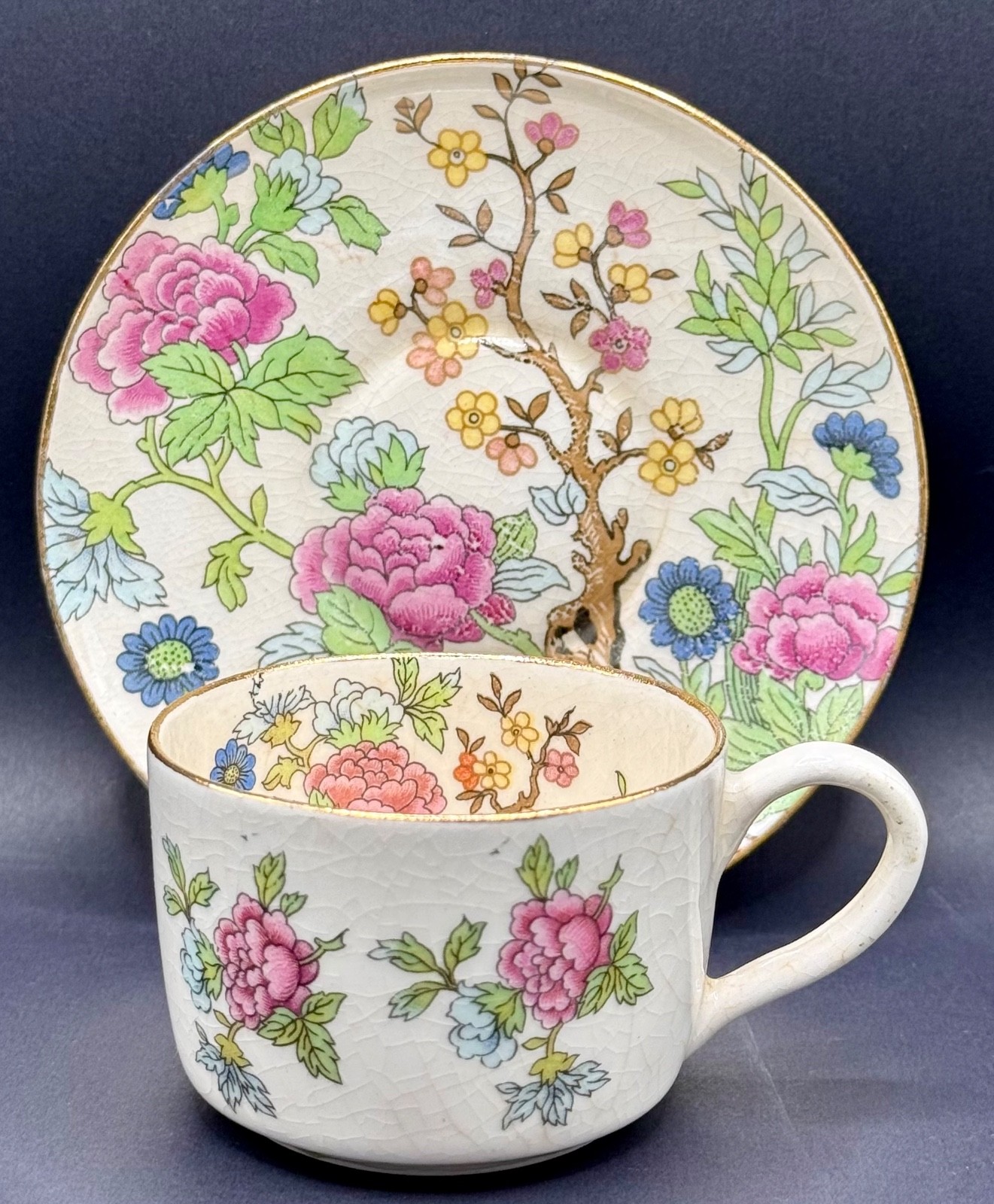 Vintage Van Nuys California Demitasse Cup Saucer Chinoiserie Peony Gold Trim