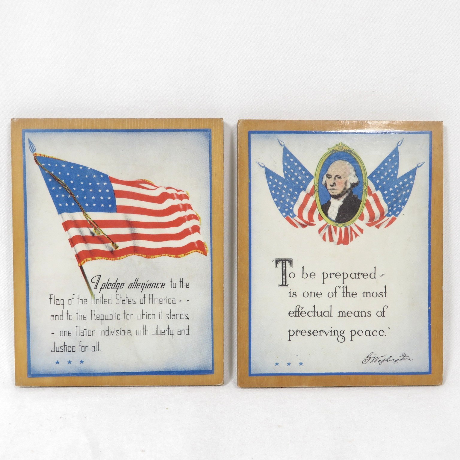 2 Vintage 1940s Patriotic Wood Plaques Pledge Allegiance & George Washington 