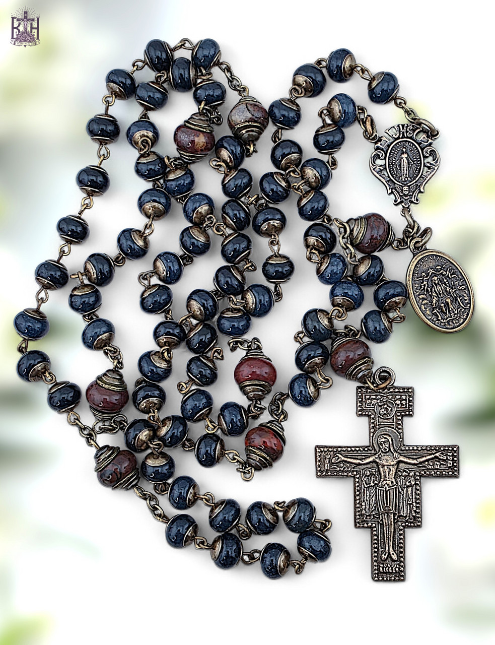 7 Joys of Mary Franciscan Crown Rosary Chaplet 7 Decades- Bronze, Blue Jade