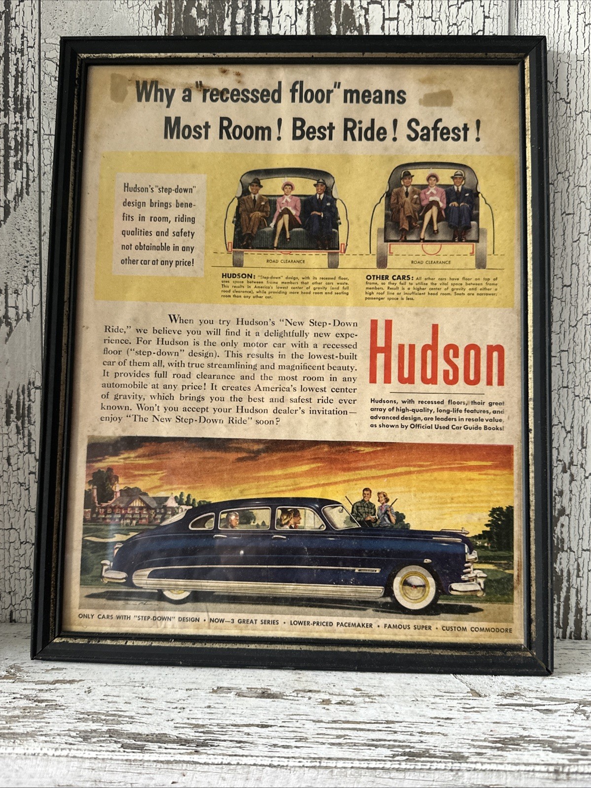 Vintage 1940s Framed Hudson Car Ad Step-Down Design Auto Magazine Ephemera 🔥🔥