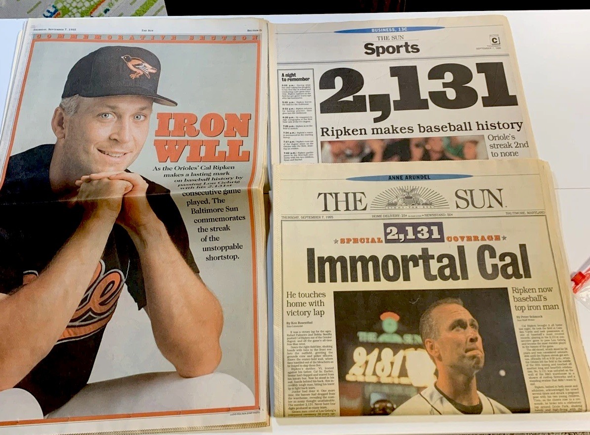 1995 Baltimore Sun Newspaper Cal Ripken 2131 Streak Iron Will Immortal Complete
