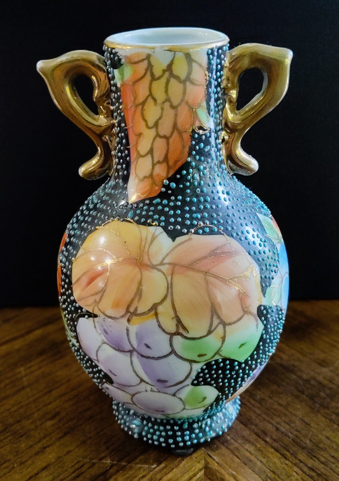 Satsuma Style Vase With Fruit And Leaves with Raised Dots and Gold Highlights