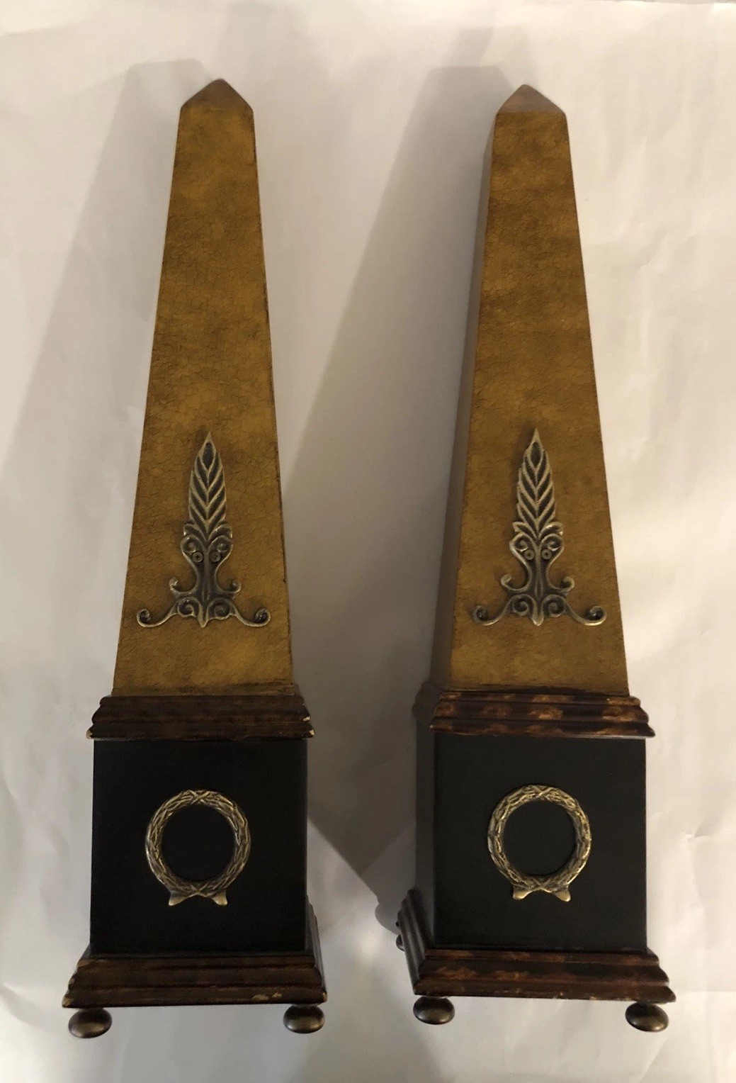 Pair Neoclassical Style Brass Composition and Partial Ebonized Table Obelisks