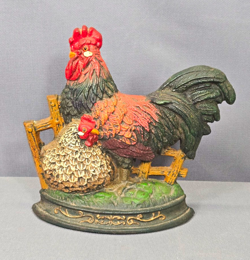 Vintage Cast Iron Rooster & Hen Door Stop Hand Painted Farmhouse Decor