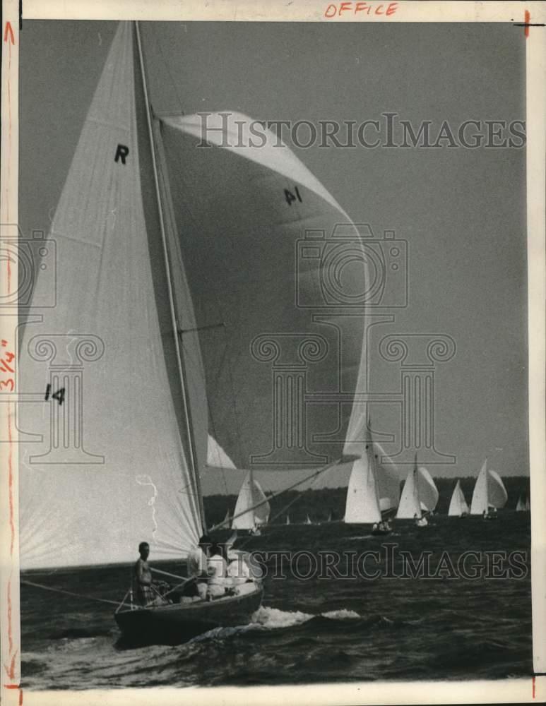 1961 Press Photo Sailboat fans out for a day of fair wind and billowing canvas