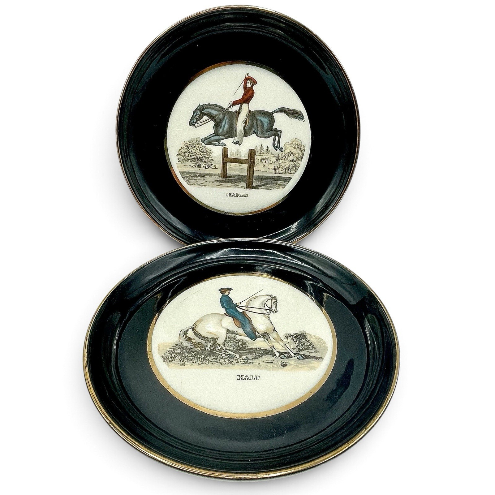 Vintage Lot 2 Hyalyn EQUESTRIAN PLATES Halt Leaping Black Gold Porcelain EUC