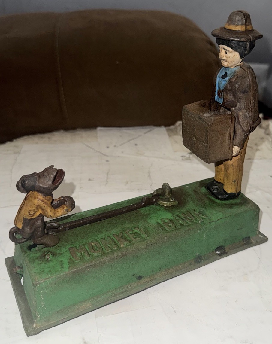 Vintage Cast Iron Money Talks Mechanical Bank Working Mouse Businessman