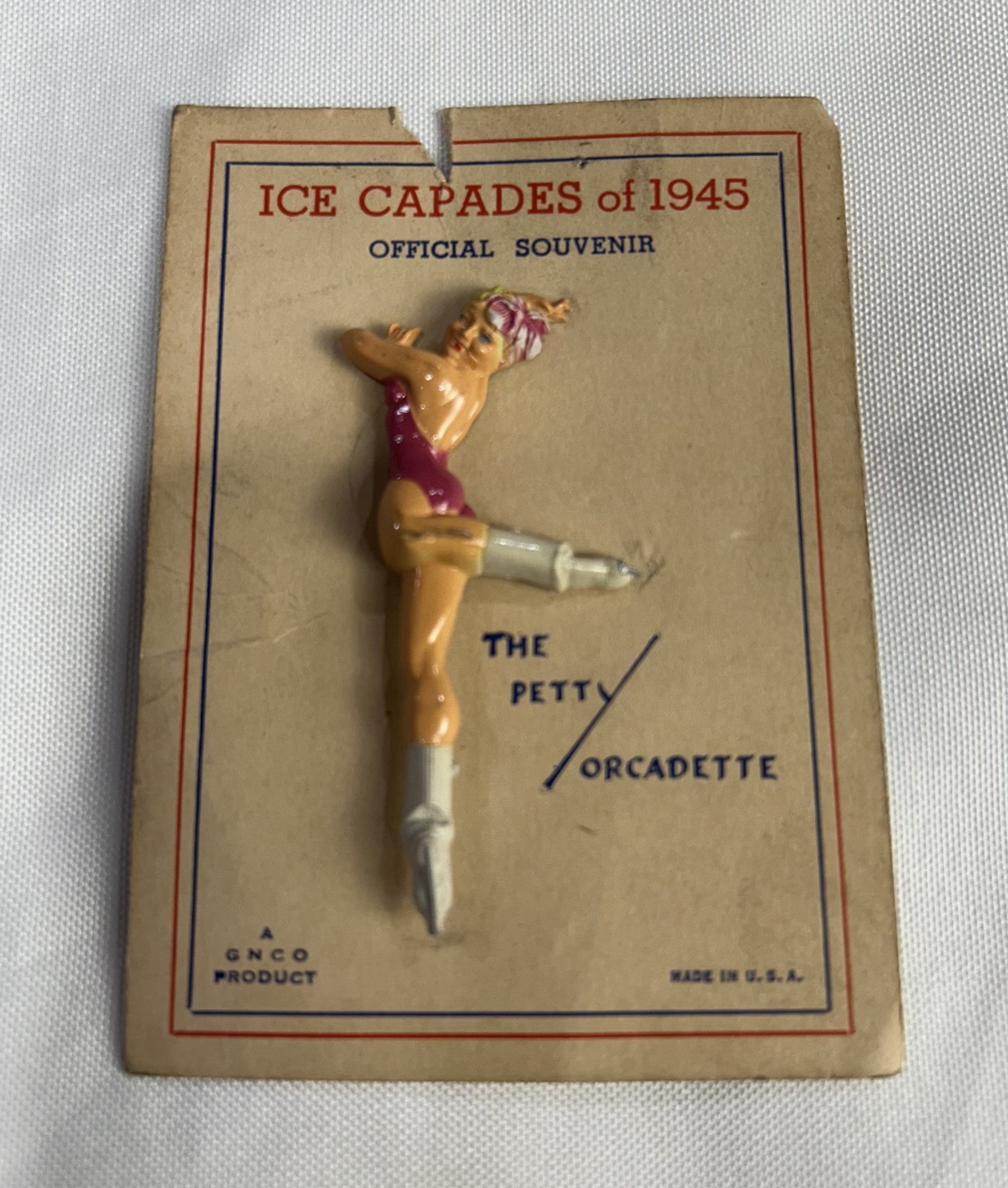 Vtg 1945 Ice Capades Official Souvenir Pin George Petty Orcadette Original Card