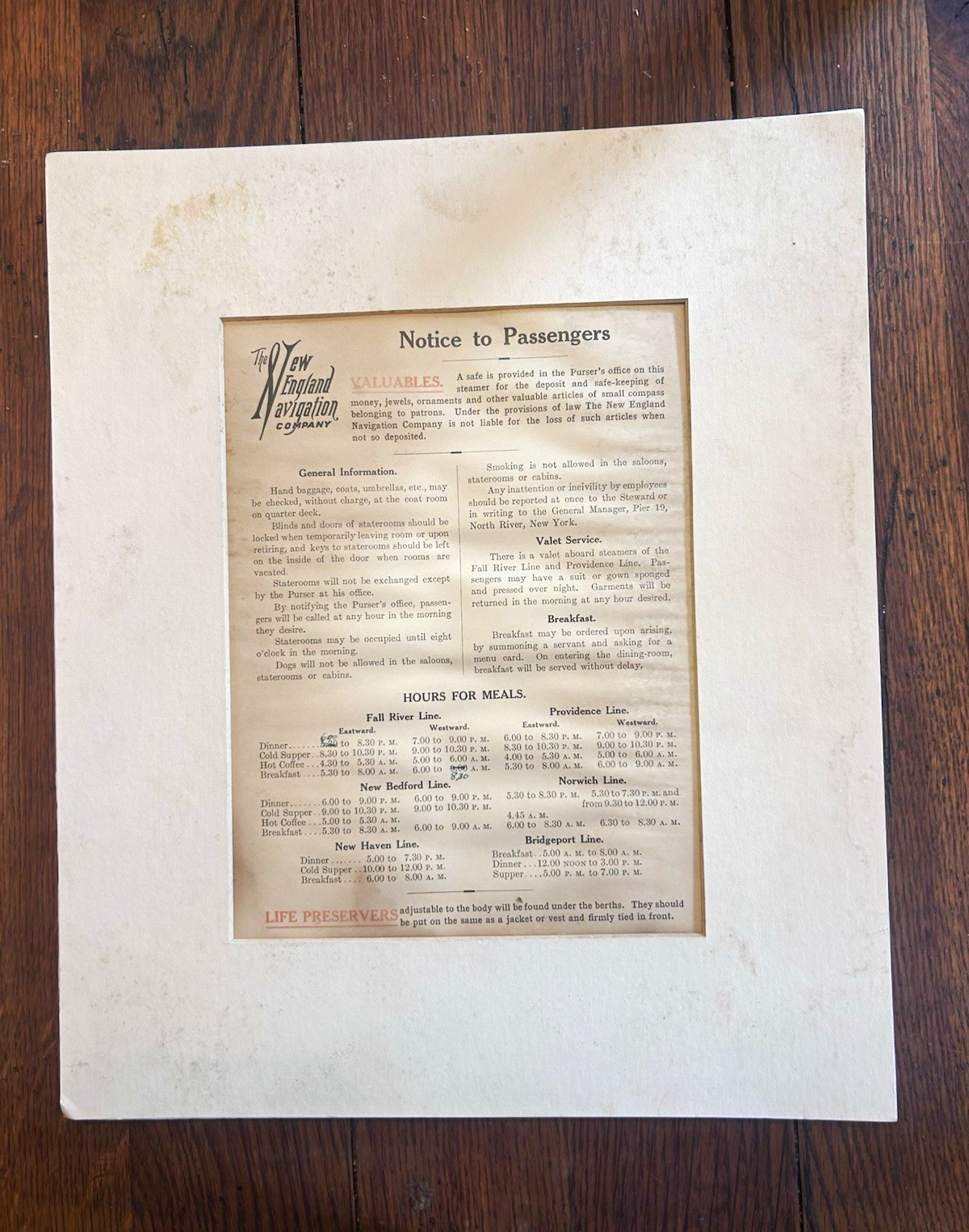 1910 New England Navigation Co Notice to Passengers Steamship Fall River