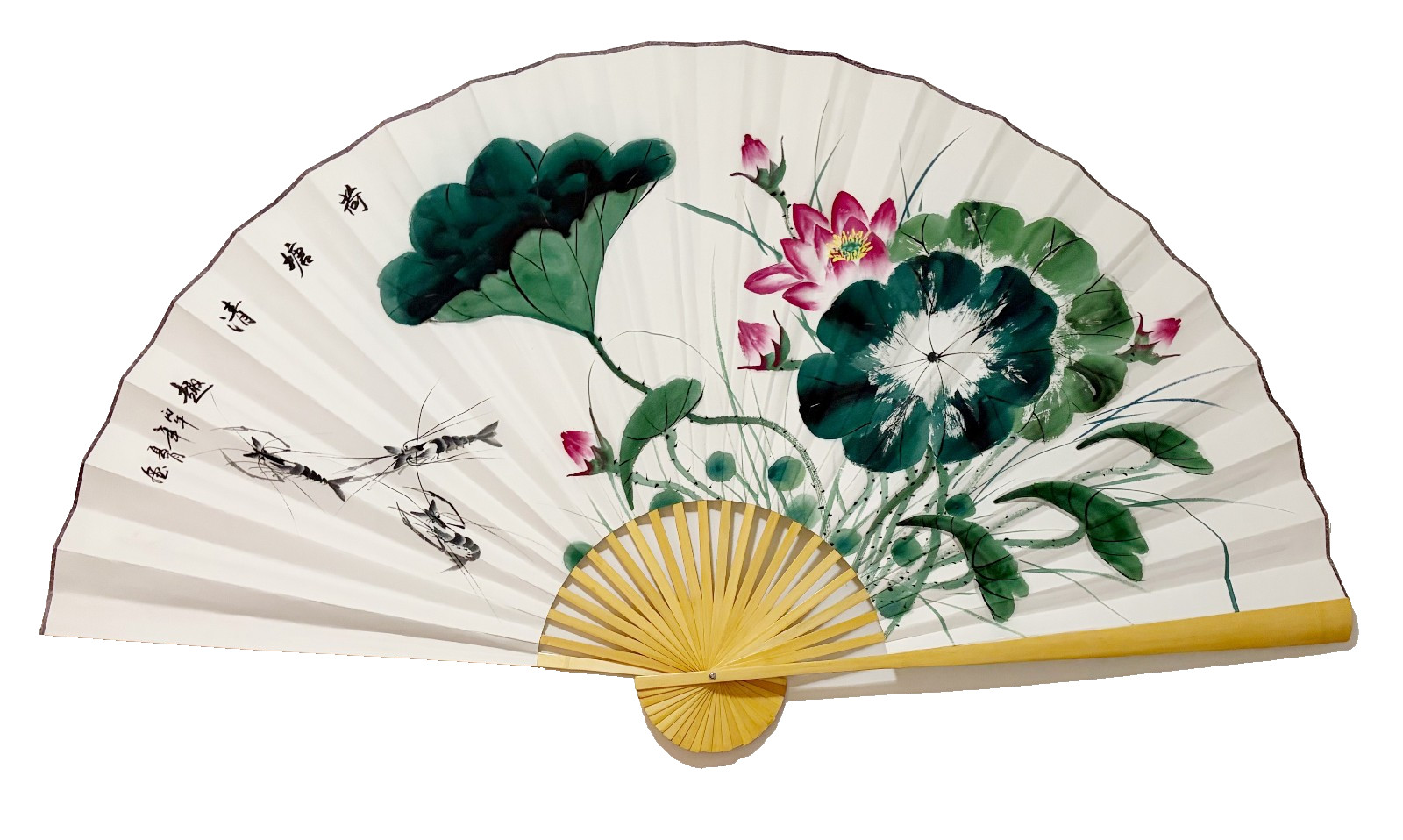Large 63*35.5 Inch Oriental Wall Hanging Folding Fan w Handpainted Lotus flower