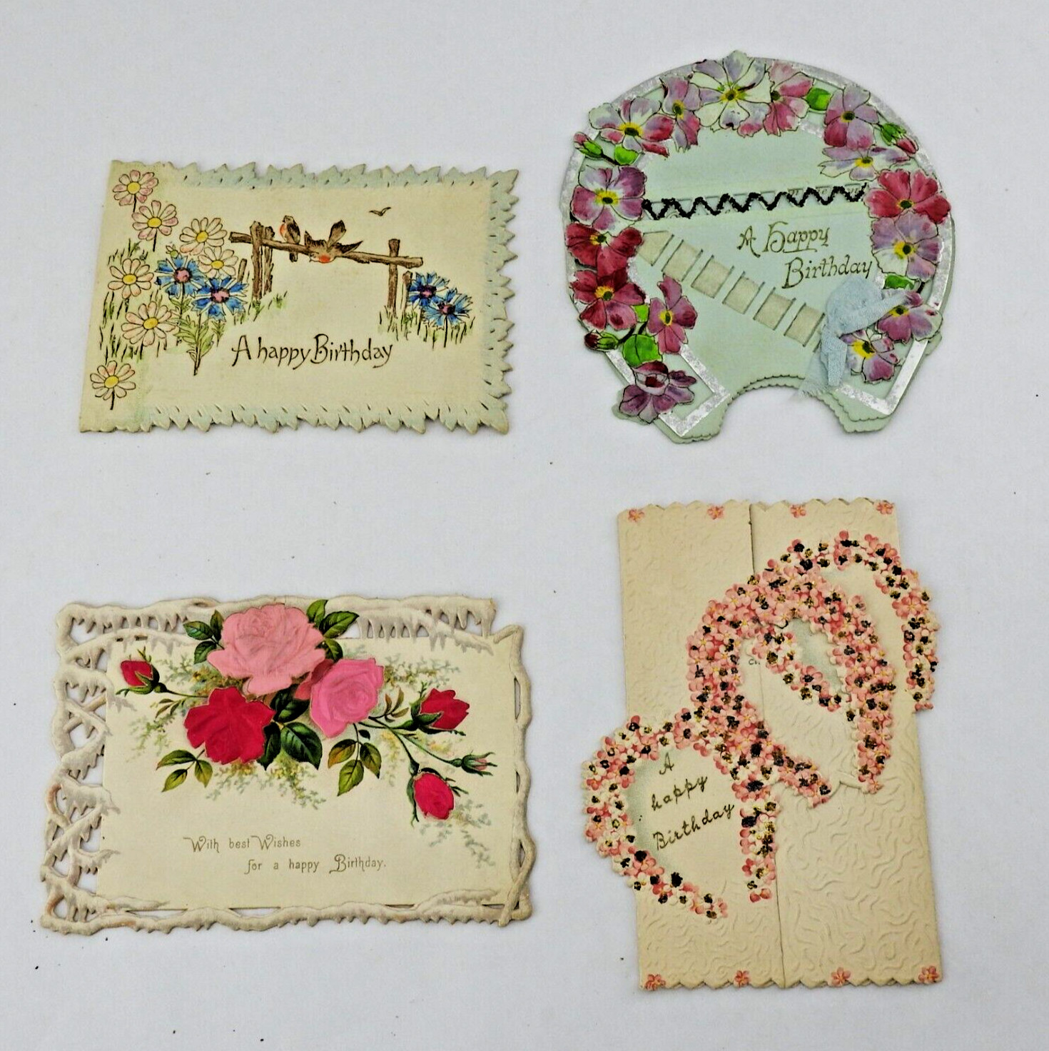 4 Vintage Victorian Birthday Cards Embossed Cut Out Flowers Birds Horseshoe