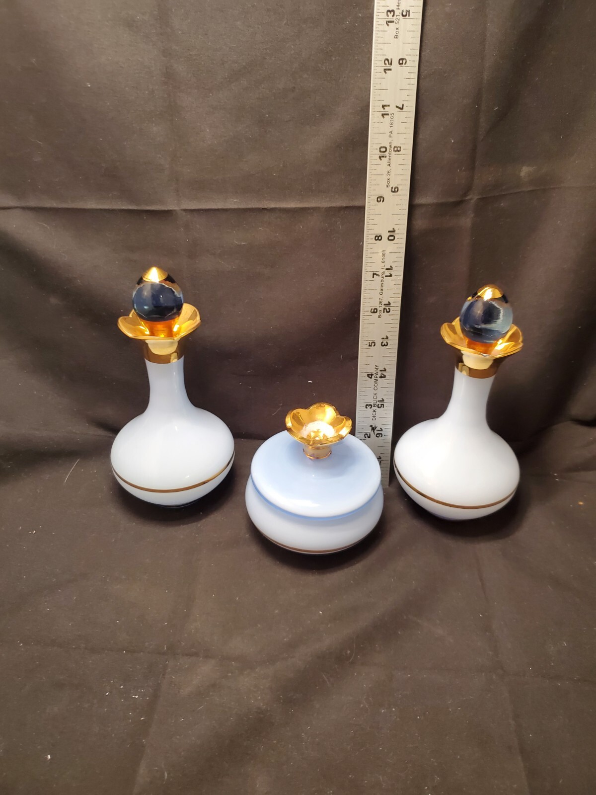 Brautiful Vintage Irving W. Rice Blue & Gold Perfume Glass Bottles Powder Set